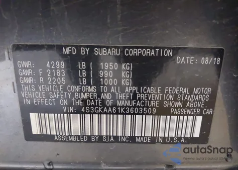 2019 Subaru Impreza 2.0I z USA, uszkodzony, nr VIN 4S3GKAA61K3603509